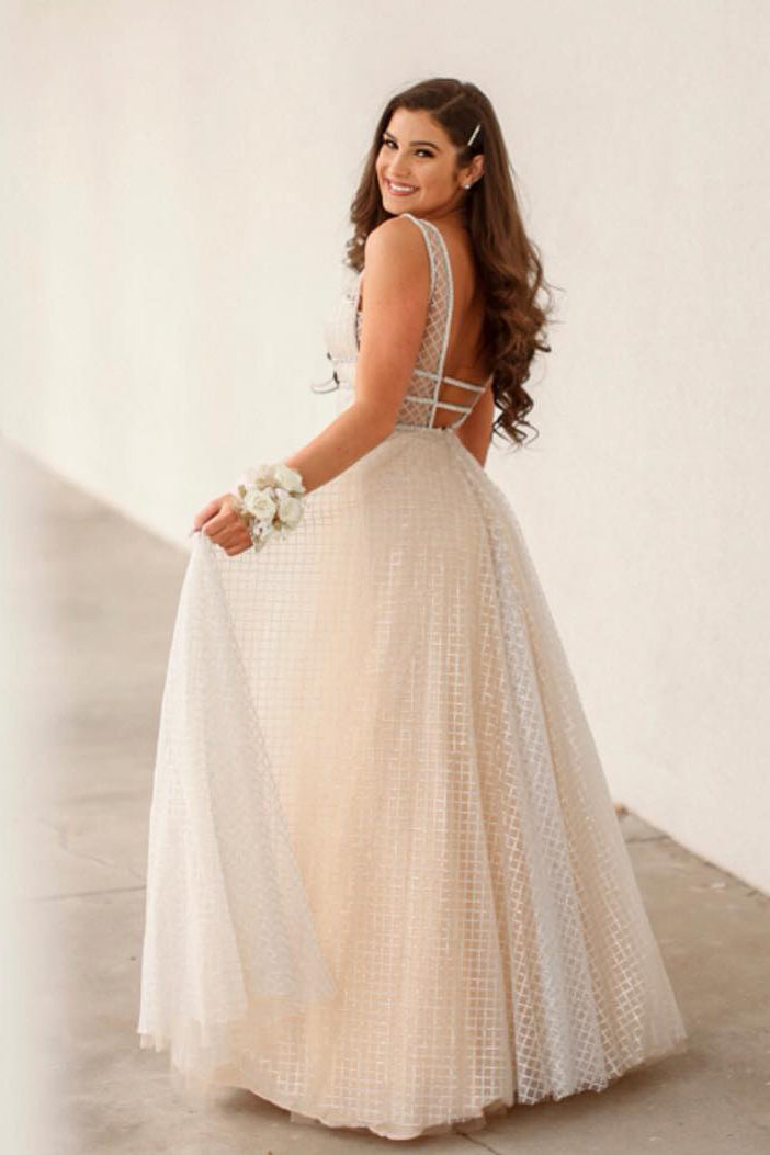 V-Neck Mesh Long Ivory Prom Dress with Open Back