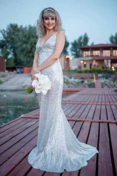 Mermaid Champagne Sequined Party Dress with Open Back