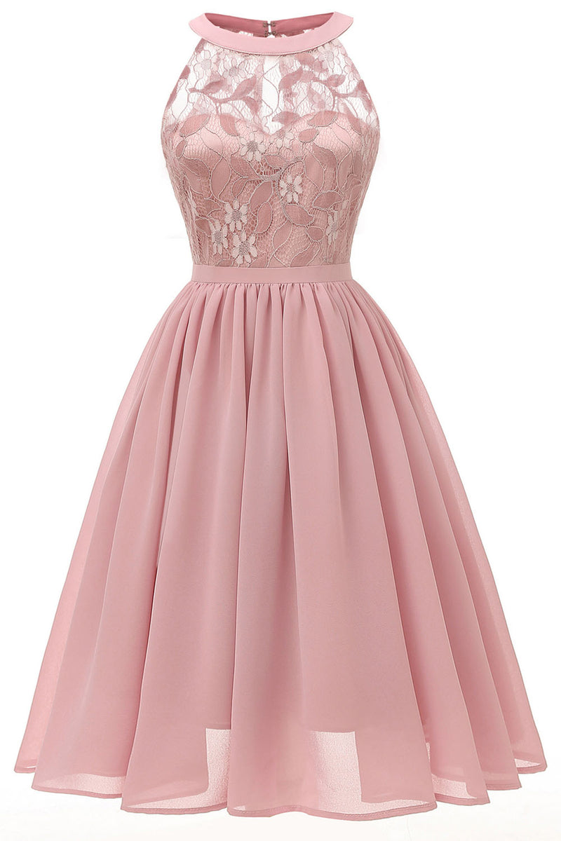 Sleeveless Short Pink Party Dress with Lace