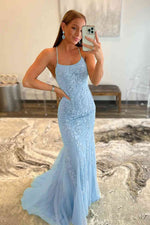 Stunning Blue Lace Appliqus Long Prom Dress