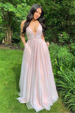 Sparkly Plunging Neck Pink Long Prom Dress