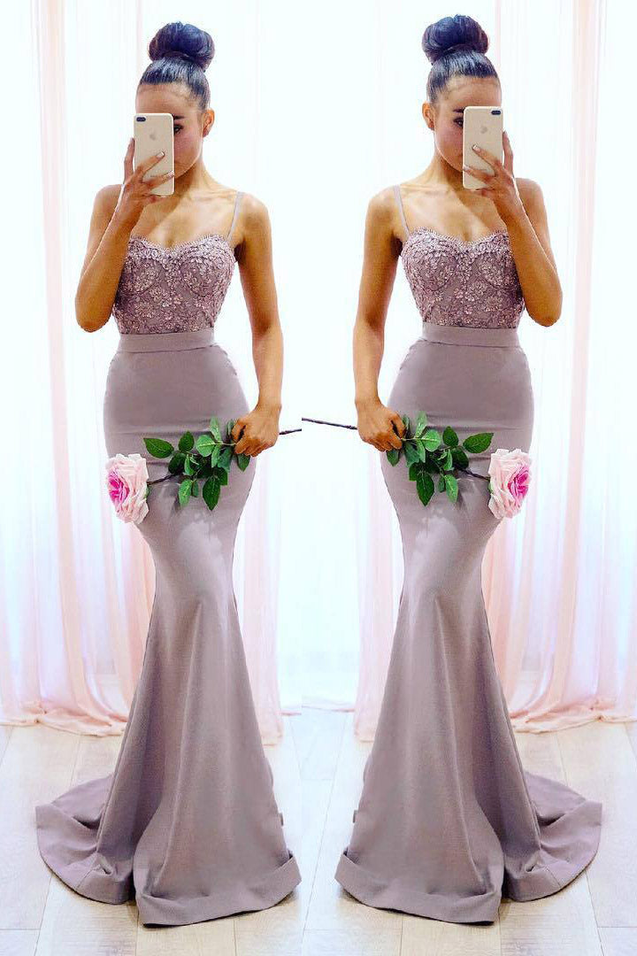 Mermaid Spaghetti Straps Lilac Long Prom Dress with Lace Top
