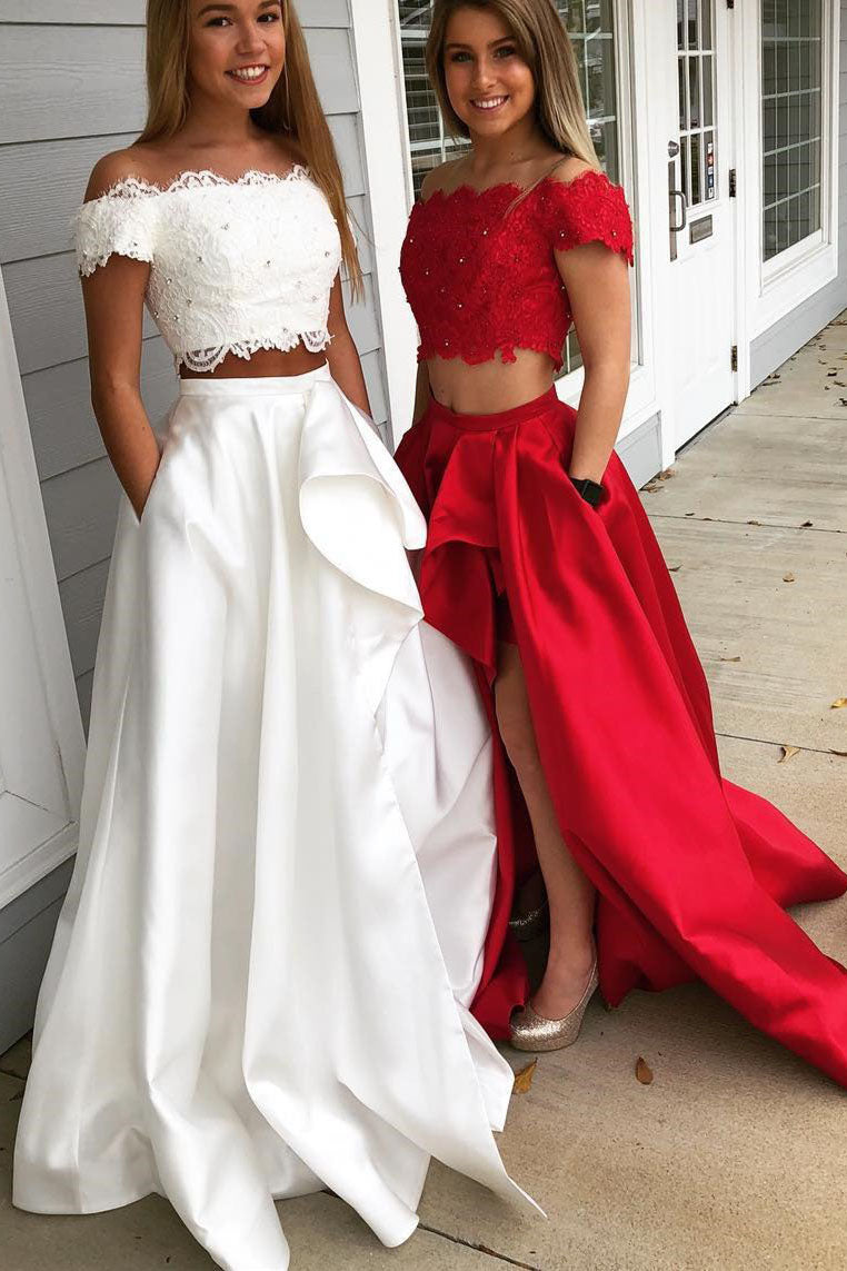 open lace back dress Two Piece Off Shoulder Long Prom Dress with Lace Top – FancyVestido
