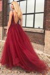 Floor Length Open Back Plum Beaded Prom Dress