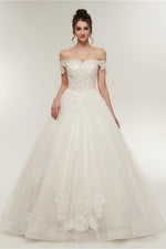 Pirncess Long Off Shoulder A-line Ivory Wedding Dress with Lace