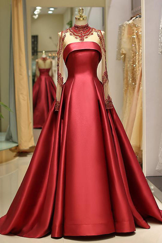 Burgundy A-Line Satin Prom Dress With Beaded Illusion Neckline FancyVestido Burgundy A-Line Satin Prom Dress With Beaded Illusion Neckline FancyVestido