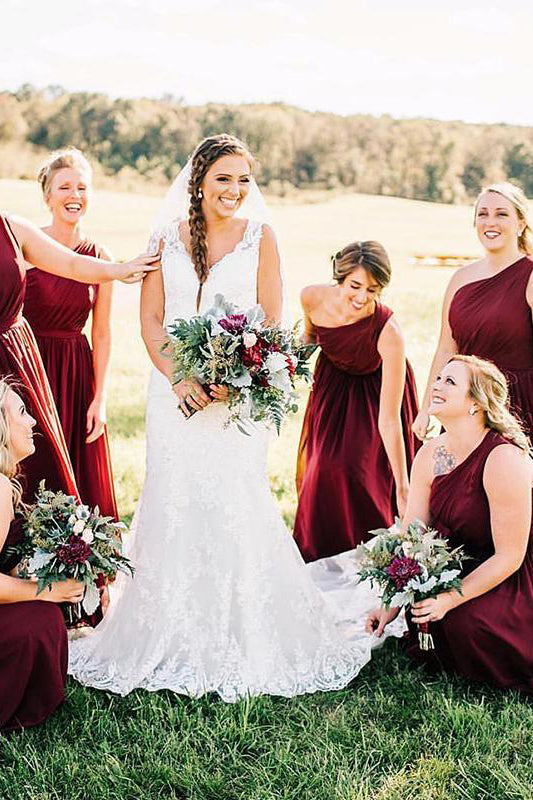 One Shoulder Wine Red Chiffon Long Bridesmaid Dress FancyVestido One Shoulder Wine Red Chiffon Long Bridesmaid Dress FancyVestido