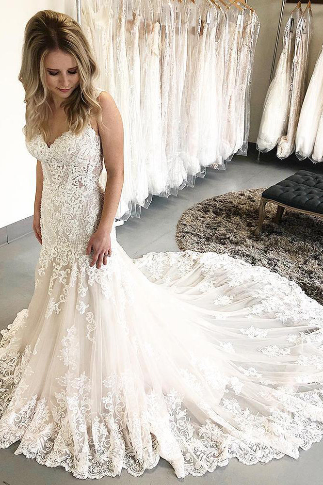 Princess Long Straps Mermaid Ivory Bridal Dress with Lace FancyVestido Princess Long Straps Mermaid Ivory Bridal Dress with Lace FancyVestido