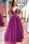 Floor Length Open Back Plum Beaded Prom Dress