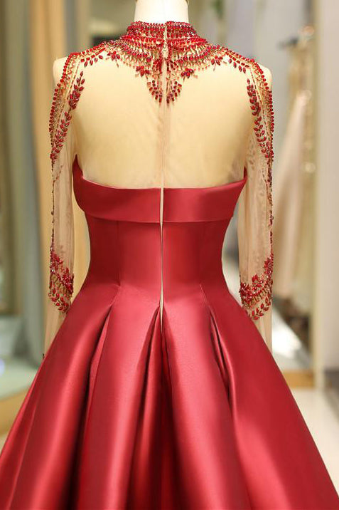 Burgundy A-Line Satin Prom Dress With Beaded Illusion Neckline