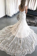 Princess Long Straps Mermaid Ivory Bridal Dress with Lace