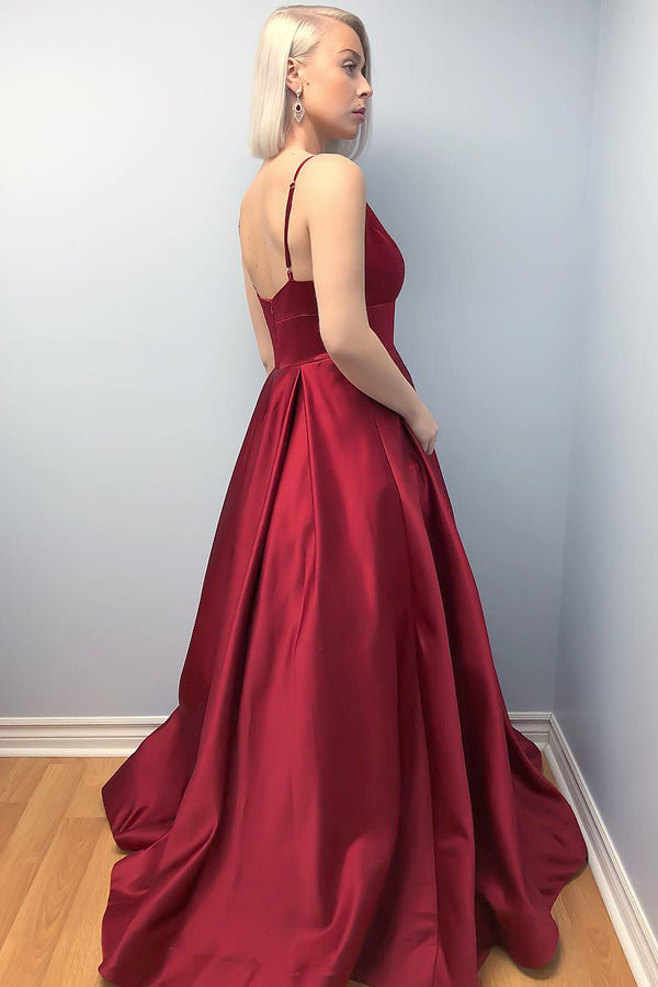 Elegant Burgundy Satin V-Neck A-Line Formal Prom Gown