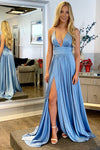 A-Line Empire Sky Blue Prom Dress with Side Slit