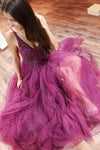 Floor Length Open Back Plum Beaded Prom Dress