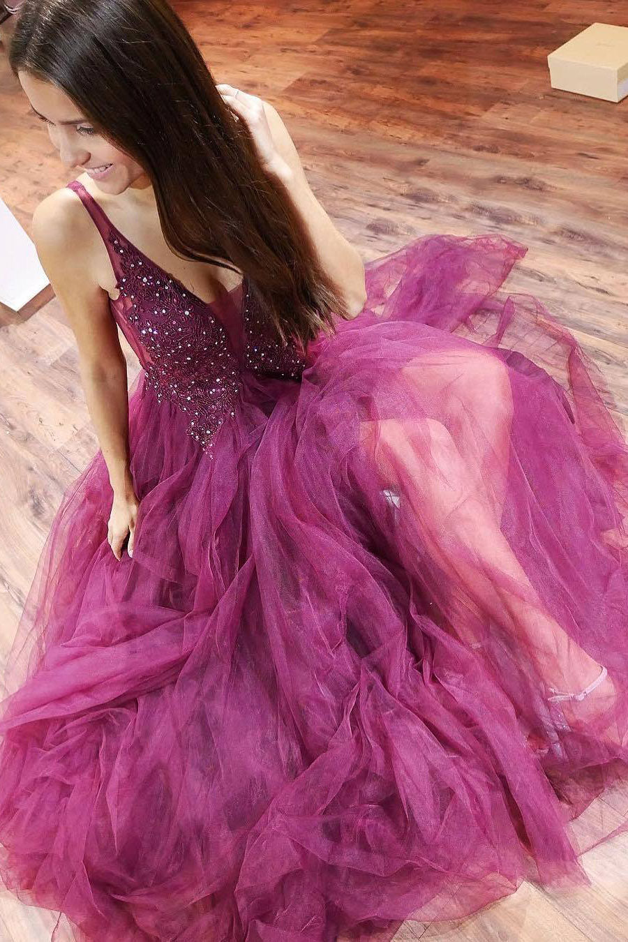 Elegant Plum Purple Tulle Formal Evening Gown FancyVestido Elegant Plum Purple Tulle Formal Evening Gown FancyVestido