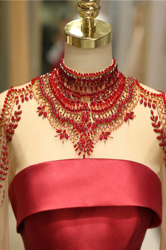 Burgundy A-Line Satin Prom Dress With Beaded Illusion Neckline