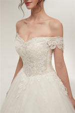 Pirncess Long Off Shoulder A-line Ivory Wedding Dress with Lace