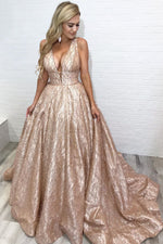 Sparkly V Neck A-Line Empire Rose Gold Long Prom Dress
