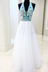 Floral Embroidery A-Line Halter White Prom Dress