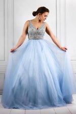 V-Neck Sleeveless Sky Blue Beaded Long Prom Dress