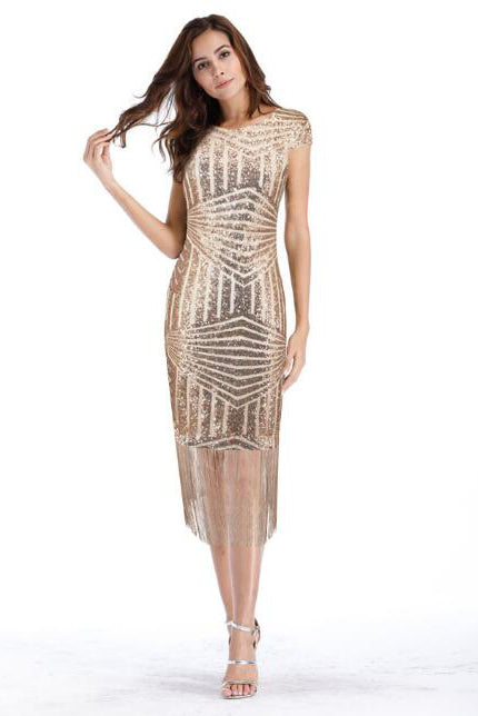 slim fit dress slacks Sparkly Gold Sequin Tight Short Cocktail Dress with Fringe