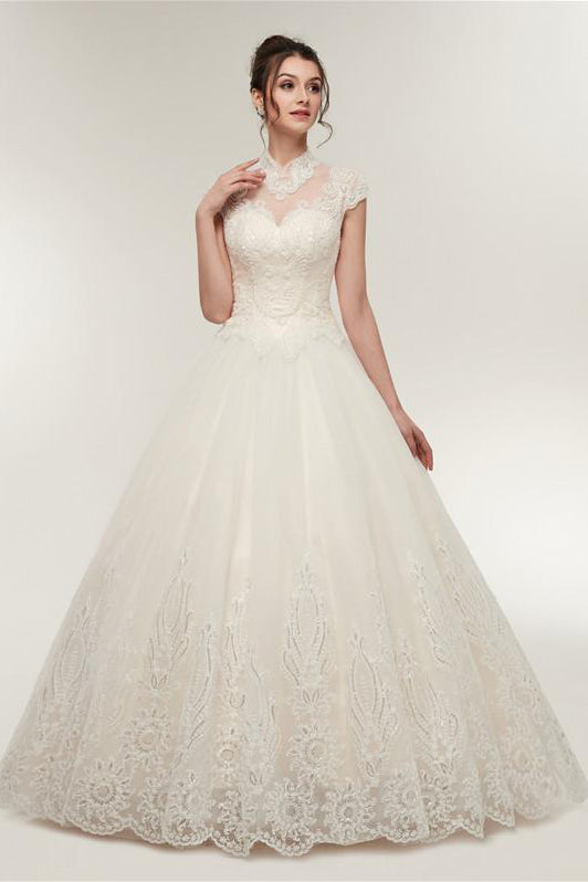 Princess Long High Neck A-line Ivory Wedding Dress with Lace – FancyVestido