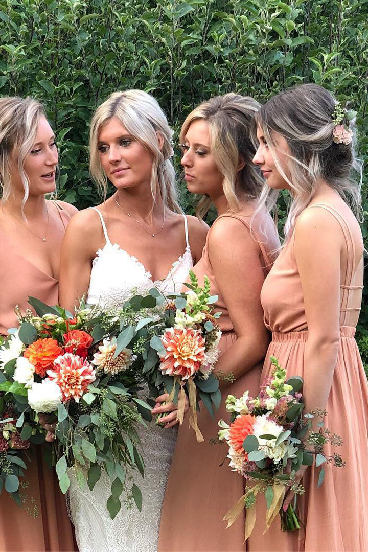 Straps Blush Pink Chiffon Floor Length Bridesmaid Dress with Slit FancyVestido Straps Blush Pink Chiffon Floor Length Bridesmaid Dress with Slit FancyVestido