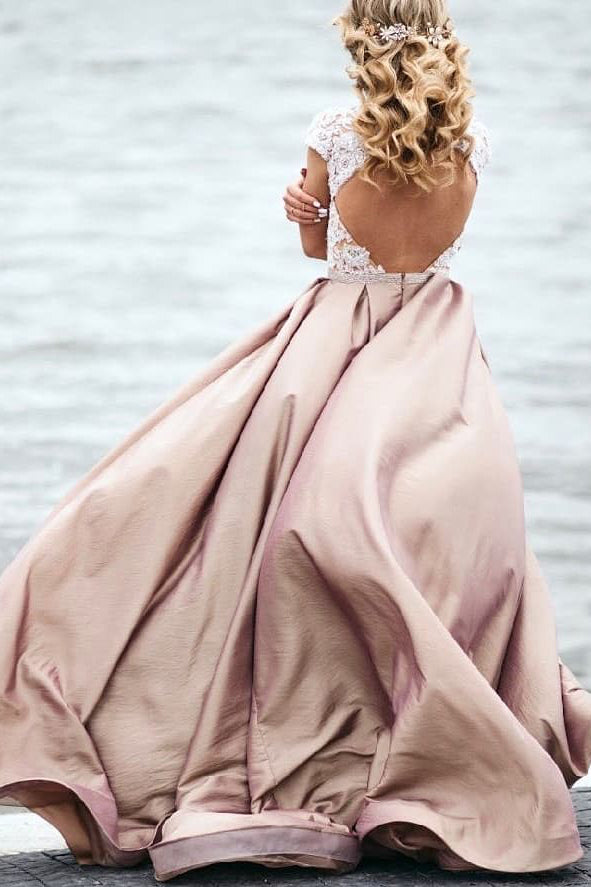 Princess Cap Sleeves Lace Top Blush Pink Prom Dress