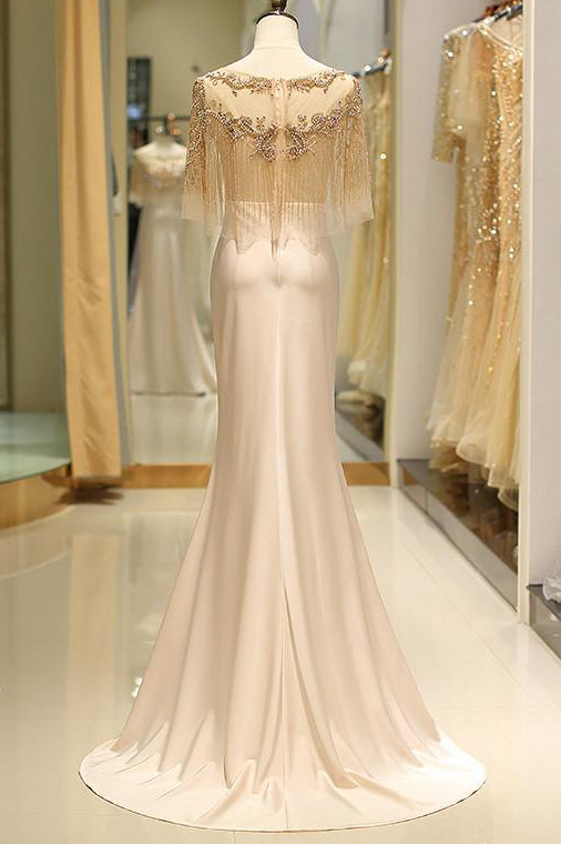 Champagne Satin Dress With Beaded Fringe Capelet Overlay