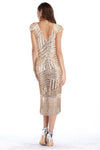 V-Back Sequins Gold Tea Length Party Dress