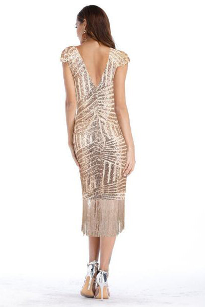 V-Back Sequins Gold Tea Length Party Dress