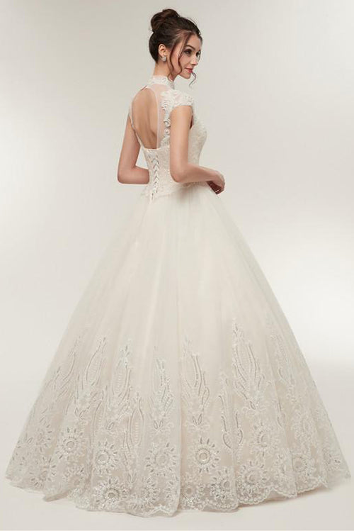 Princess Long High Neck A-line Ivory Wedding Dress with Lace