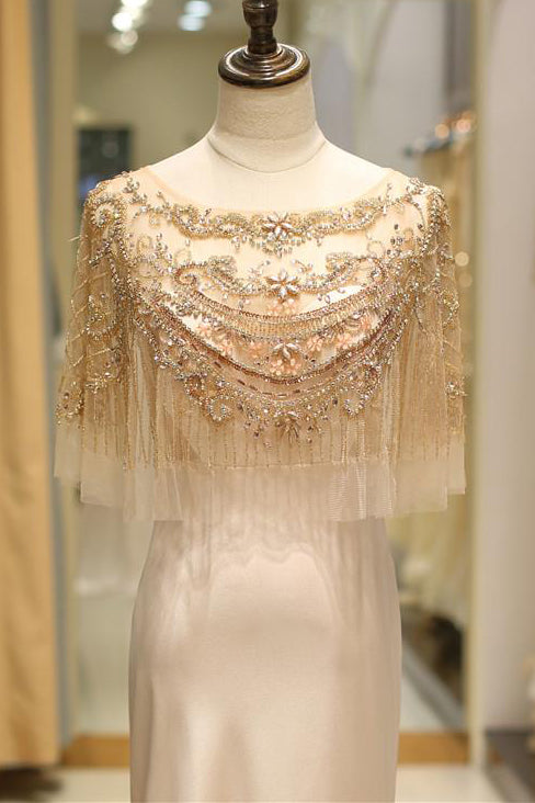 Champagne Satin Dress With Beaded Fringe Capelet Overlay