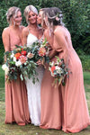 Straps Blush Pink Chiffon Floor Length Bridesmaid Dress with Slit