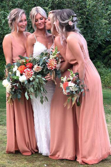 Straps Blush Pink Chiffon Floor Length Bridesmaid Dress with Slit FancyVestido Straps Blush Pink Chiffon Floor Length Bridesmaid Dress with Slit FancyVestido
