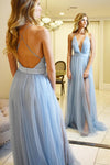 Open Back Plunging Neck Light Blue Prom Dress with Slit