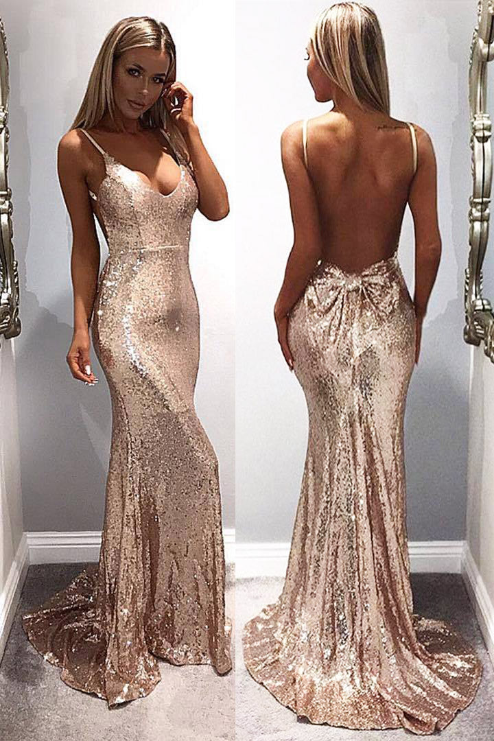 green emerald velvet dress Rose Gold Sequin Spaghetti Strap Side Slit Backless Sheath Prom Dresses,CP0467 US10 / Custom Color(leaving A note)