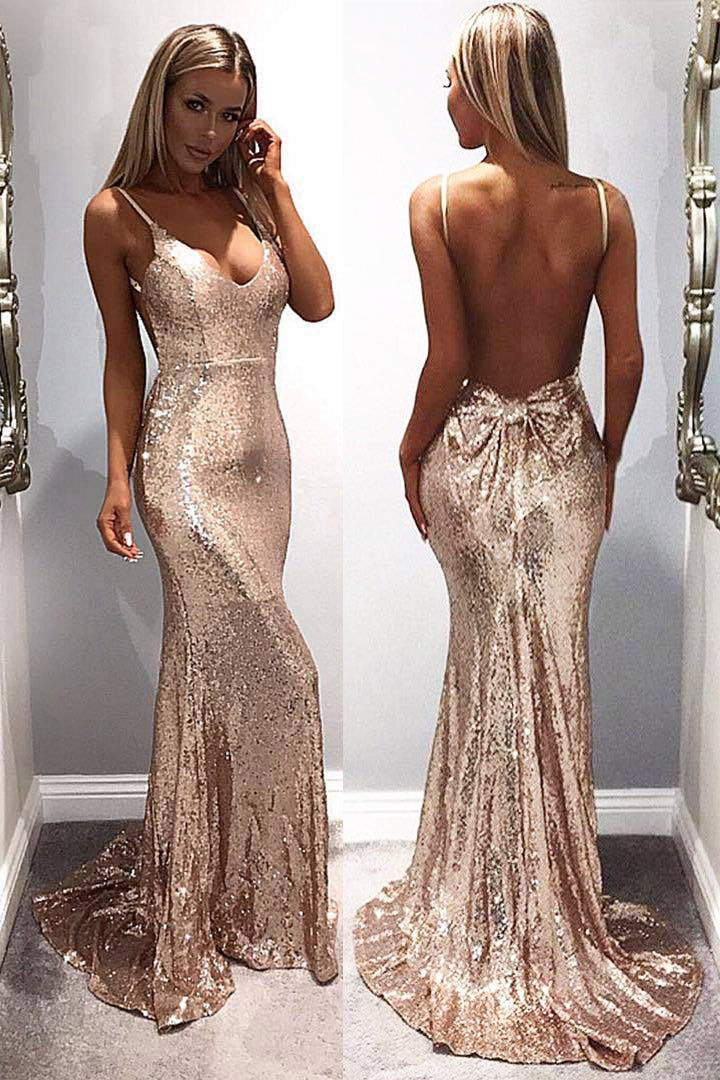 Mermaid Sequins Gold Long Prom Dress with Open Back