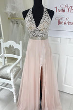 Elegant Halter Blush Pink Chiffon Long Prom Dress with Slit