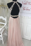 Elegant Halter Blush Pink Chiffon Long Prom Dress with Slit