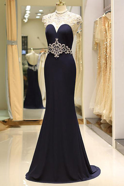 Cap Sleeve Embellished Bodice Navy Formal Wedding Dress