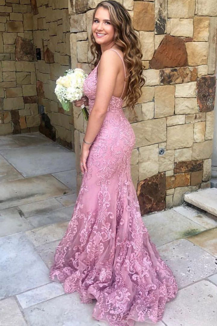 Spaghetti Straps Mermaid Lace Pink Long Prom Dress – FancyVestido