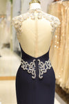 High Neck Navy Blue Appliques Long Prom Dress