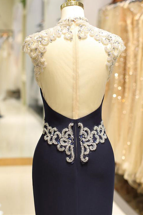 High Neck Navy Blue Appliques Long Prom Dress