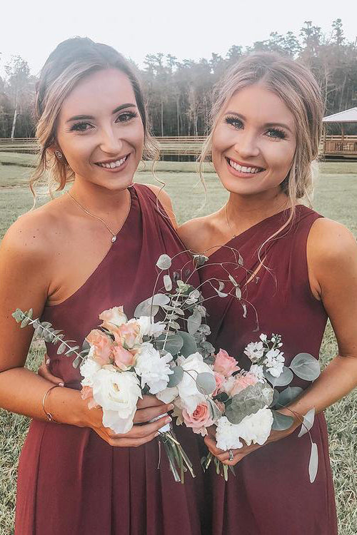 One Shoulder Burgundy Chiffon Long Bridesmaid Dress FancyVestido One Shoulder Burgundy Chiffon Long Bridesmaid Dress FancyVestido