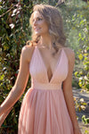 Open Back Plunging Neck Light Blue Prom Dress with Slit