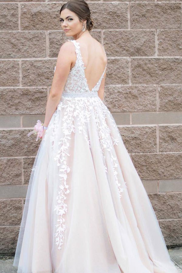 Princess White Lace V-Neck Tulle Prom Dress with Sash