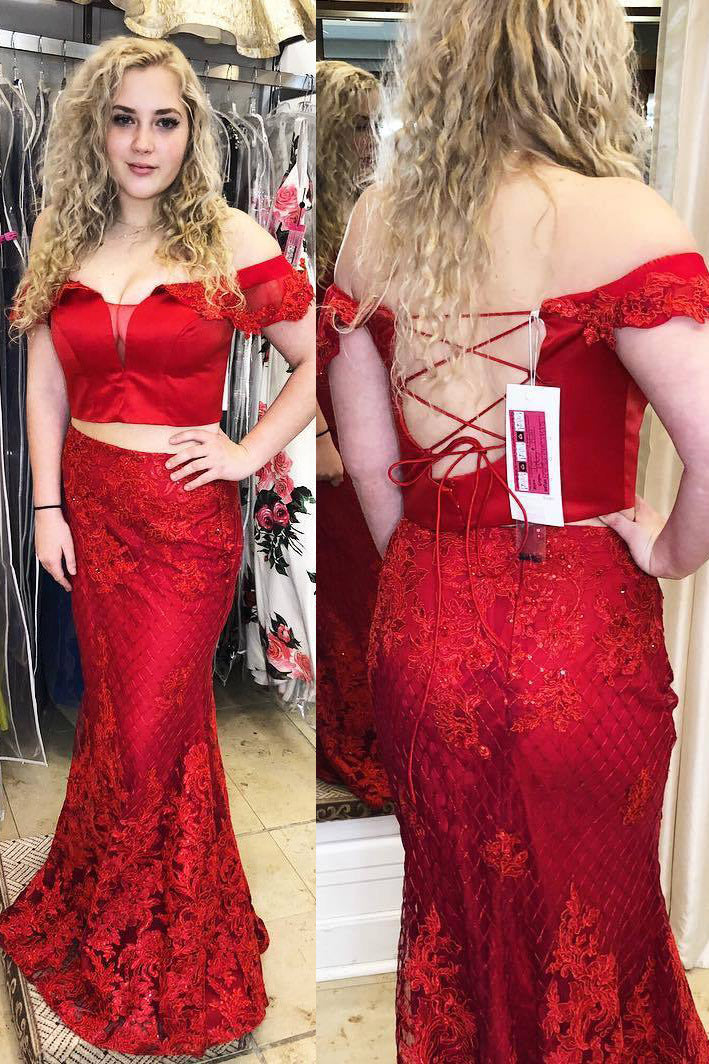 Mermaid Off Shoulder Lace-Up Two Piece Red Prom Dress with Lace