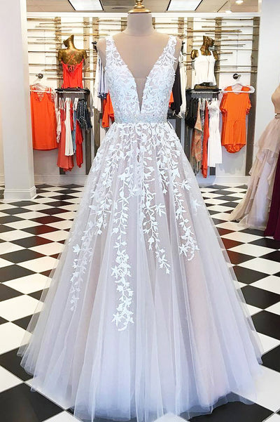 Princess White Lace V-Neck Tulle Prom Dress with Sash