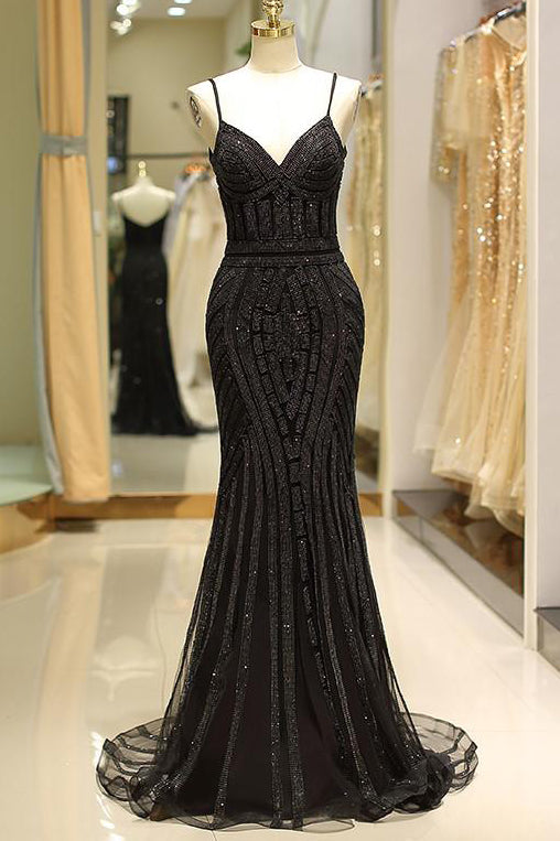 Geometric Beaded Black V-Neck Floor Length Evening Gown  FancyVestido